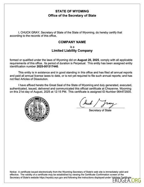 Modèle Word et PDF de certificat d'enregistrement du Wyoming aux États-Unis template